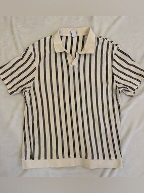 Zara Vertical-Striped Knit Polo in Cream and Brown- XL